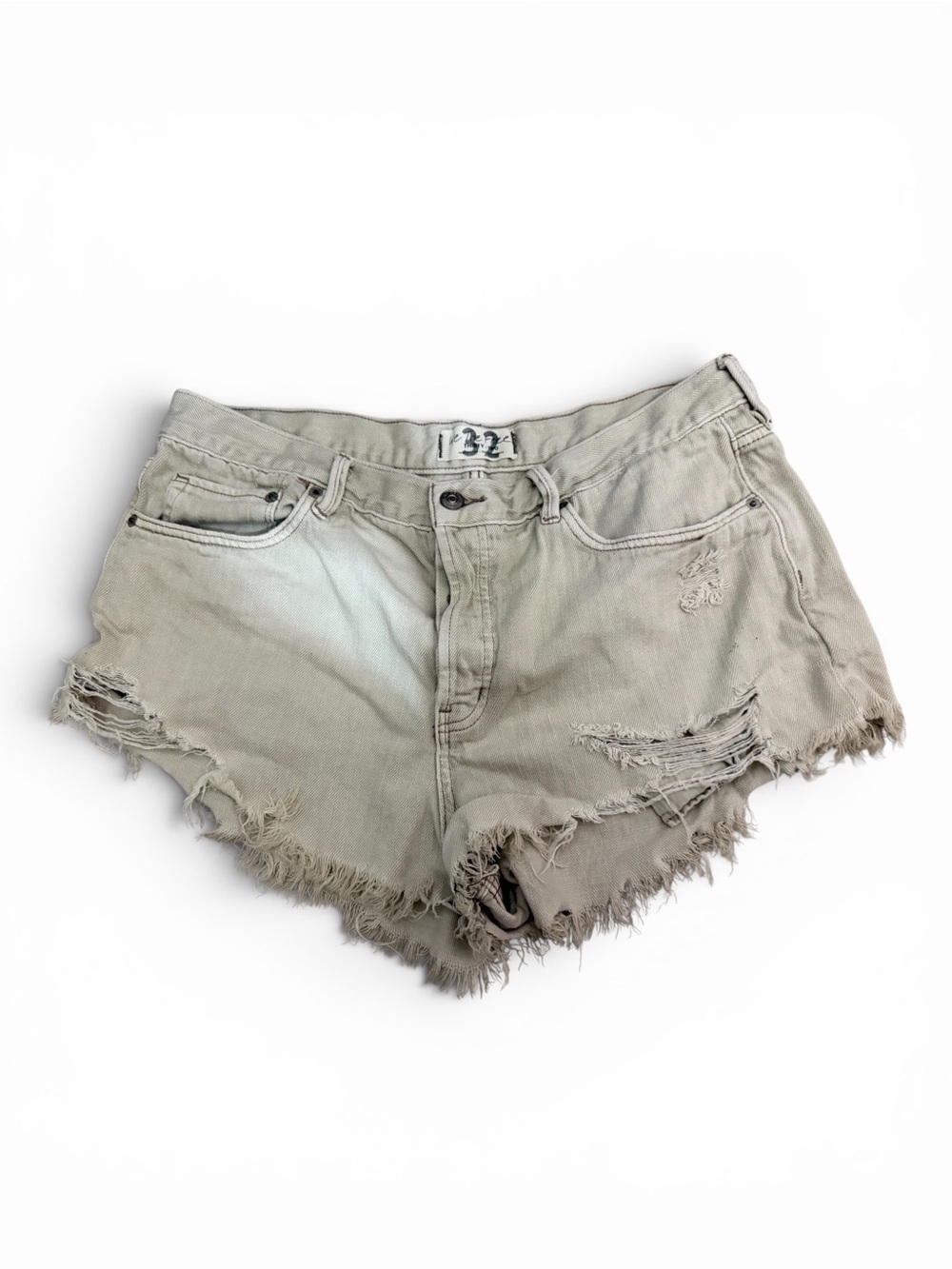 We The Free Distressed Frayed-Hem Jean Shorts in Light Taupe
